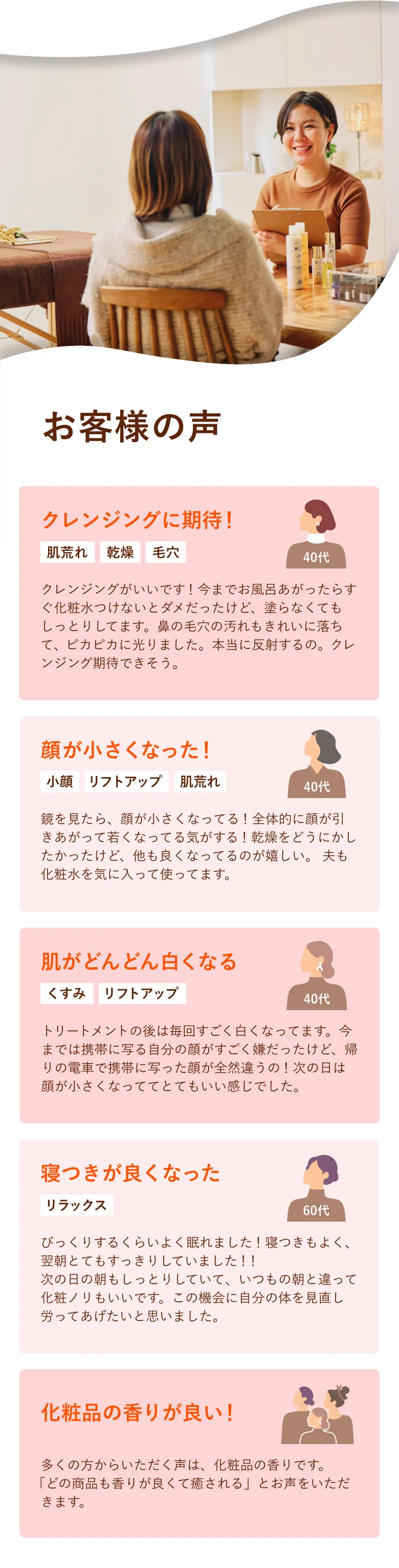 お客様の声 1.クレンジングがいいです!今までお風呂あがったらすぐ化粧水つけないとダメだったけど、塗らなくてもしっとりしてます。鼻の毛穴の汚れもきれいに落ちて、ピカピカに光りました。本当に反射するの。クレンジング期待できそう。2.びっくりするくらいよく眠れました!寝つきもよく、翌朝とてもすっきりしていました!!次の日の朝もしっとりしていて、いつもの朝と違って化粧ノリもいいです。この機会に自分の体を見直し労ってあげたいと思いました。3.今日はずっとお肌が柔らかくて、無駄に触ってました。あと、ケアを怠っていた踵のガッサガサがマシになってる！すごい効果があって嬉しいです。4.多くの方からいただく声は、化粧品の香りです。「どの商品も香りが良くて癒される」とお声をいただきます。